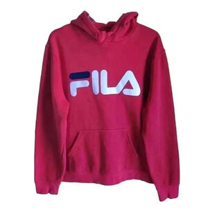 Fila Men’s L Red Pullover Hoodie Large Logo Sweatshirt Kangaroo Pocket